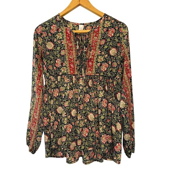 Raga XS Black Red Floral Boho Peasant Blouse Long Sleeve Tie Neck Top - Picture 1 of 10